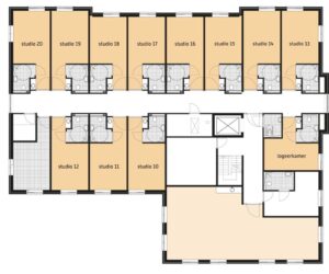 De plattegrond van de eerste verdieping van Het Merwedehuis in Sleeuwijk voor mensen met dementie