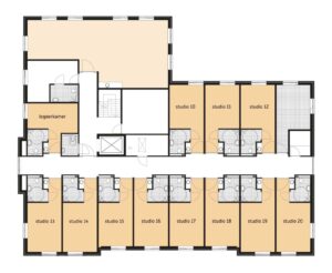 De plattegrond van de eerste verdieping van Het Toorenhuis in Middelburg voor mensen met dementie