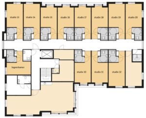 De plattegrond van de eerste verdieping van Het Westpolderhuis in Berkel en Rodenijs voor mensen met dementie