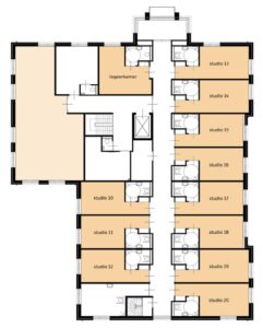 De plattegrond van de eerste verdieping van Het Zuiderparkhuis in Apeldoorn voor mensen met dementie
