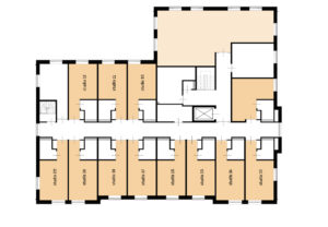 Plattegrond van de eerste verdieping van Sfeerimpressie van de kleinschalige woonzorglocatie Het Looleehuis in Almelo