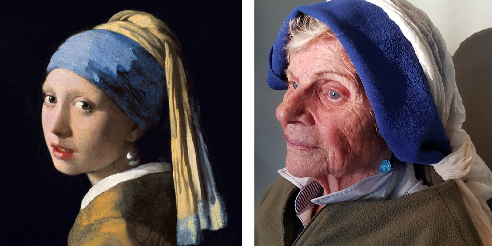 Het beroemde schilderij Het meisje met de parel is nagebootst door een bewoner van Het Biesemhuis Doesburg, een woonzorglocatie van Dagelijks Leven. Hier beide foto's naast elkaar