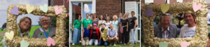 Verschillende foto's van het feest in de vernieuwde tuin van Het Beatrixhuis in Roosendaal, voor mensen met dementie. Foto's van de tuin zelf, van de medewerkers in polonaise, van het team en van bewoners die samen met hun verwanten in een gouden lijst gefotografeerd zijn. 