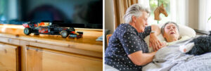 Twee foto's. Links een miniatuur van de auto van Max Verstappen, waar moeder groot fan van is. Rechts een foto van dochter bij haar moeder aan bed. Ze is sinds twee jaar bedlegerig en woont vanwege dementie in Het Korenhuis in Hoogeveen.