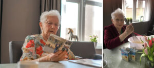 Twee foto's van de bewoonster met dementie, beide terwijl ze aan het hoofd van de tafel in de huiskamer van Het Voetelinkhuis zit, haar vaste plekje. Op de eerste foto leest ze een ansichtkaart, op de tweede mixt ze beslag in een kom.