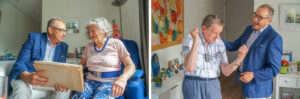 Twee foto's naast elkaar van de specialist ouderengeneeskunde in gesprek met bewoners met dementie.