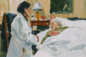 Een arts ouderengeneeskunde staat naast een bewoner met Alzheimer die woont in een zorglocatie of verpleeghuis. De persoon met dementie ligt in bed en is in de stervensfase, de arts staat naast hem om te praten over palliatieve sedatie.