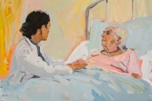 Een SCEN-arts is op bezoek bij een mevrouw met dementie. Ze houden de hand vast en praten met elkaar. De vrouw met dementie ligt op bed, zij is in de palliatieve fase