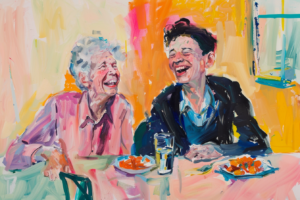 Schilderij van een vrouw met dementie en een zoon. Ze lachen hard aan de keukentafel. Illustratie bij artikel over contact maken als praten door dementie niet meer lukt. 