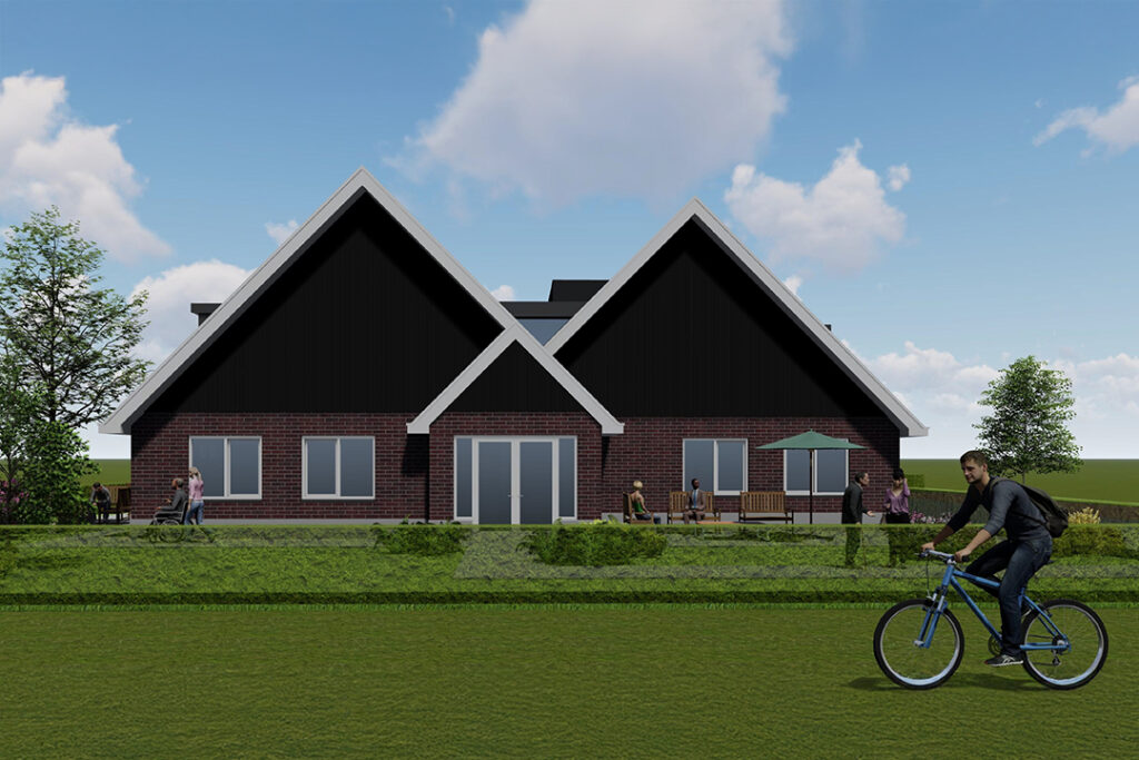 Bewoners wandelen zelfstandig door de open poort naar de buurt, in een veilige, dementievriendelijke omgeving in Hoofddorp.