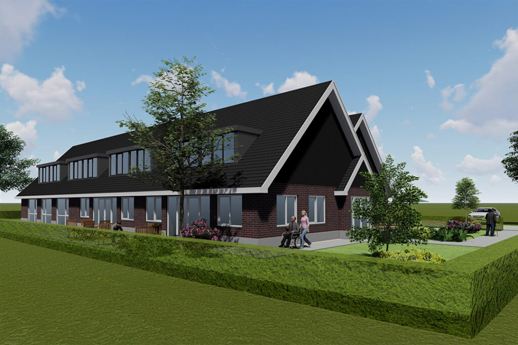 Bewoners wandelen zelfstandig door de open poort naar de tuin in de veilige, dementievriendelijke omgeving van Het Overboshuis in Hoofddorp.