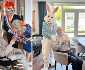 Verzorgende IG vertelt in haar blog over Koningsdag, waarop ze verkleed is als Willem-Alexander, foto links, en de paasdagen, waarop ze verkleed is als Paashaas, in de kleinschalige woonzorglocatie voor mensen met dementie waar ze werkt. 