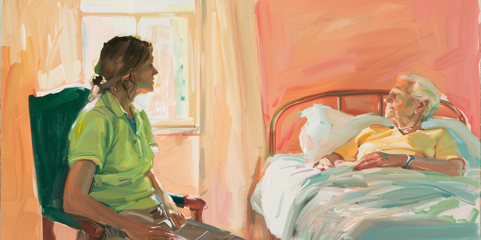 Ter illustratie bij blog over roepgedrag bij dementie: een geschilderde afbeelding van een bewoner met dementie die in bed ligt in een woonzorglocatie van Dagelijks Leven. Naast het bed zit een zorgmedewerker, die met de bewoner praat.