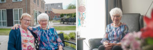 De buurvrouwen gezellig samen op een bankje in de tuin van Het Alterehuis, onze kleinschalige woonzorgocatie voor mensen met dementie in Halsteren/ Op de rechterfoto de bewoonster in haar eigen studio. 