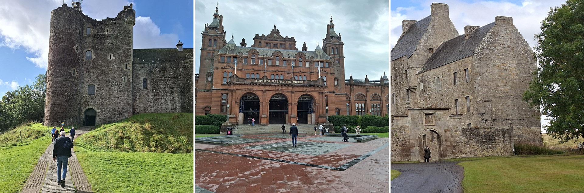 Een reeks van drie foto's. Op de eerste en derde foto zijn kastelen te zien en op de tweede foto een museum.